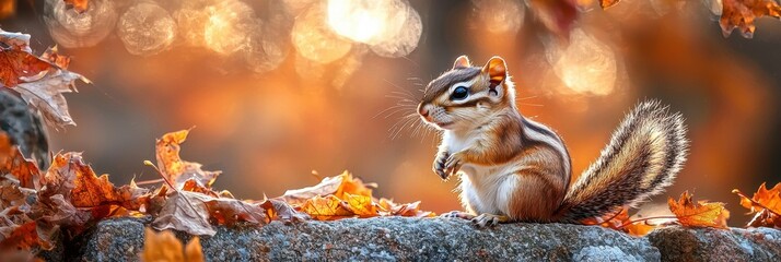 Fototapeta premium A chipmunk perches on a weathered concrete wall surrounded by fallen autumn leaves