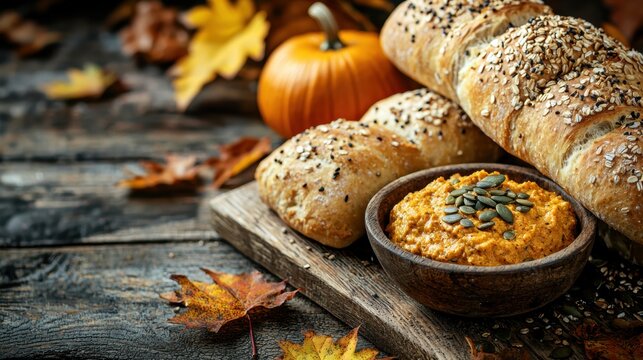 Dip served in a glass bowl alongside assorted seed-topped bread rolls and sticks on a light wooden surface, featuring a pumpkin and paprika sauce