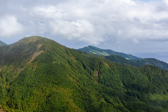 Pico da Vara mountain peak. Dense green forest covers hillside, scenic landscape view. Located in Sao Miguel, Azores, Portugal.