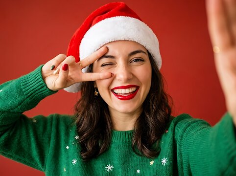 Cheerful smiling woman wearing a santa hat and green sweater gesturing peace
