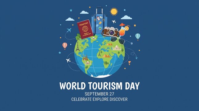 World Tourism Day Concept Vector Illustration with Travel Accessories Suitcase Passport and Camera