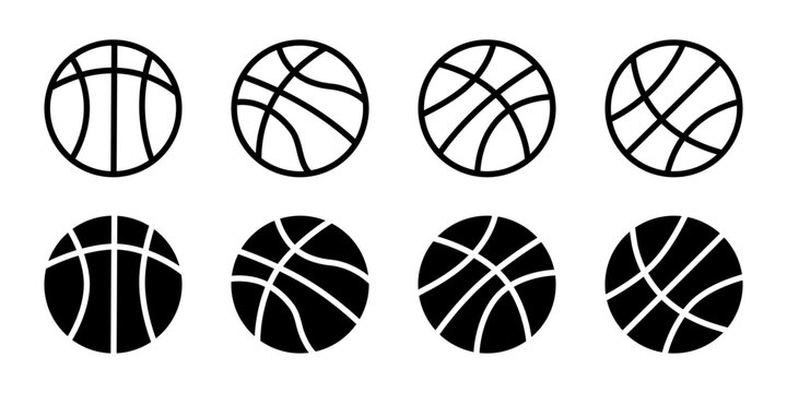 Basketball icon set with 8 vector elements, minimalist black sports ball silhouettes and line art symbols, professional athletic equipment graphics for team branding