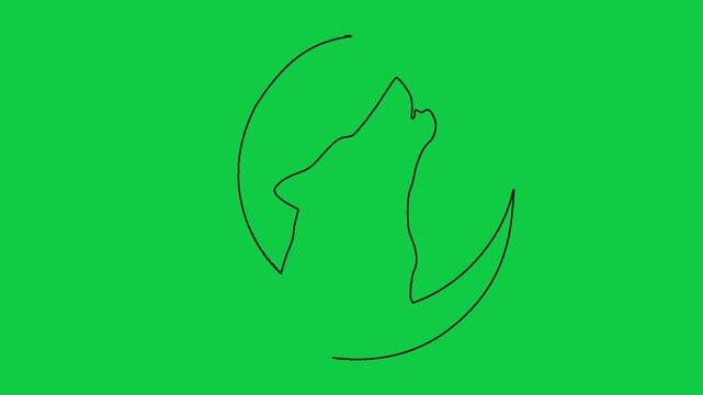 Minimalist continuous line wolf howling at crescent moon animation on green screen background.
