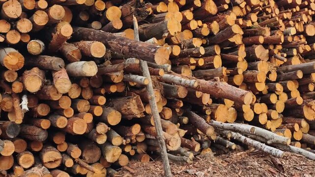 Huge stack of cut pine logs awaiting processing
