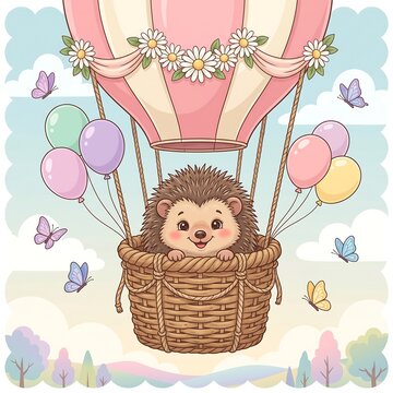 A adorable baby hedgehog smiles happily while riding in a pastel hot air balloon surrounded by colorful balloons, butterflies, and daisies across a sky.