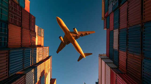 A commercial airplane flies over stacked shipping containers during golden hour. Represents global logistics, international trade, and air freight delivery concepts.