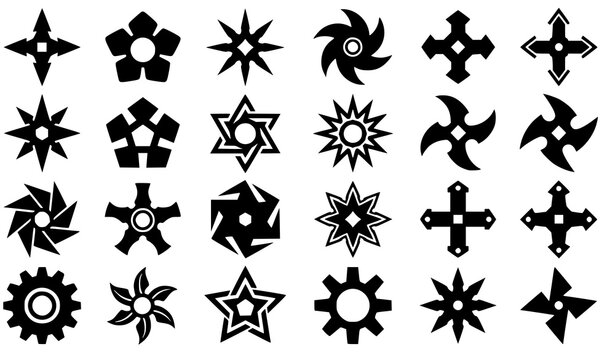 Ninja star silhouette vector set, black shuriken martial arts star icon collection