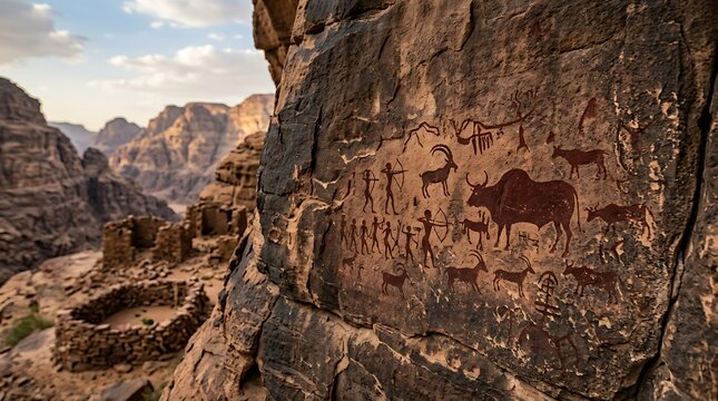 Ancient rock art paintings of hunters and animals on canyon walls