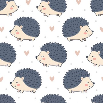 A seamless vector pattern featuring cute cartoon hedgehogs with pink cheeks, small hearts, and soft gray dots on a white background.