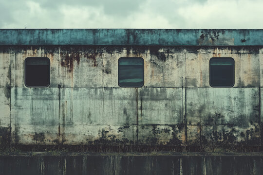 architecture by ai, train car with windows, vintage old metal texture, dirty and rusted, urban industrial style, photorealistic