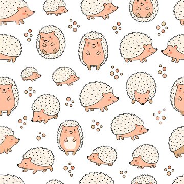 Adorable seamless pattern of cartoon hedgehogs in various cute poses with small decorative dots on a clean white background. Perfect for baby textiles and wallpaper.