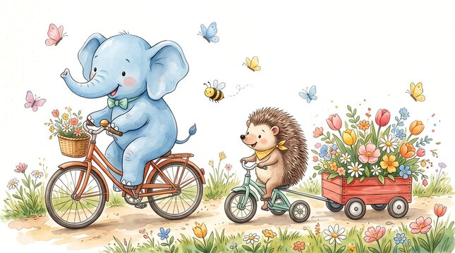 Cute blue elephant and hedgehog riding bicycles together down a sunny flower-lined path, carrying fresh spring blossoms in a wagon.