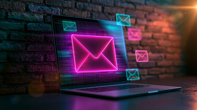 A laptop displays glowing neon email icons against a dark brick wall. This represents digital communication and modern business connectivity.