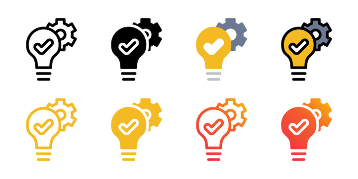 Innovation light bulb icons with gear and checkmark, creative solution vector set. Smart thinking and implementation symbols. 8 colorful business process and logic icons.