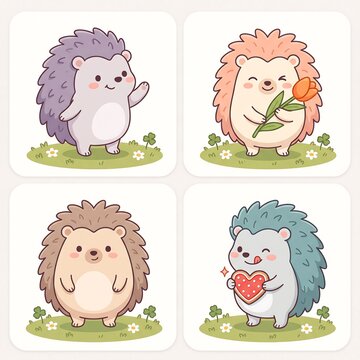 A cute set of four cartoon hedgehogs in different playful poses on green grass with flowers, featuring one waving, holding a tulip, standing, and eating a heart cookie.
