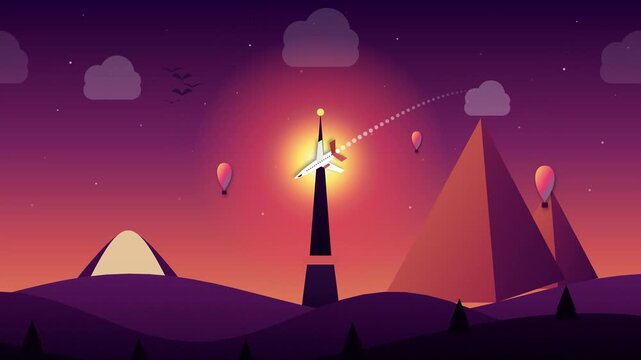 Flat Design Animation of a Plane Flying Over Desert Pyramids at Sunset