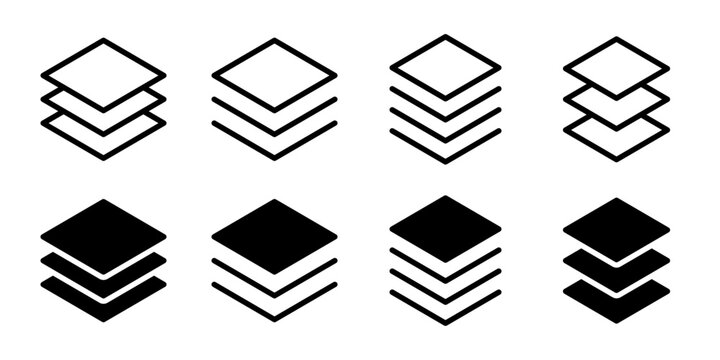 Minimalist layers icon set, black and white stacked level symbols, 8 vector graphic elements for UI design, geometric isometric layer icons for software and web apps