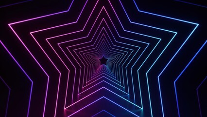 Naklejka premium Futuristic neon star tunnel glowing with vibrant pink and blue light in a dark digital space. Perfect for technology backgrounds and modern music festival visuals.