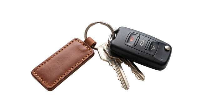 Modern car key fob with brown leather keychain, black remote entry transmitter and metal house keys, automotive security set on white