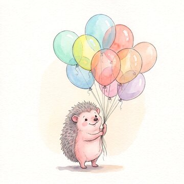 Cute watercolor illustration of a cheerful hedgehog holding a bunch of colorful pastel birthday balloons, perfect for nursery art and greeting cards.