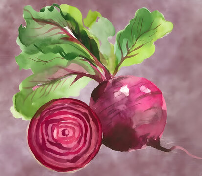 Watercolor fresh beetroot with green leaves and half sliced beet illustration