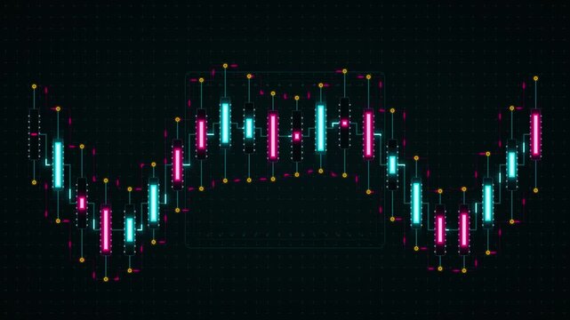 Neon Financial Candlestick Chart Moving On Digital Grid