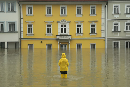 cityscape under high water, flood in austria, person in yellow raincoat standing on street in front of her flooded house, photorealistic OeE