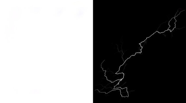 Realistic lightning bolt strike on black background, electric discharge illustration, white thunderbolt flash for photo overlays