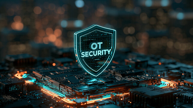 A glowing shield icon representing OT security hovering over a complex circuit board. This visualizes industrial cybersecurity and operational technology protection.