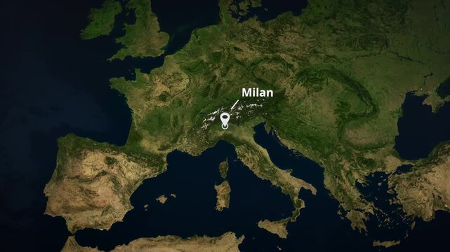 Satellite globe animation zooming to Milan, Italy featuring a white location pin, concentric circle highlight and typography for a travel graphic template.