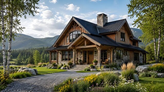 Luxury Timber and Stone Mountain Lodge with Birch Trees and Wildflower Garden