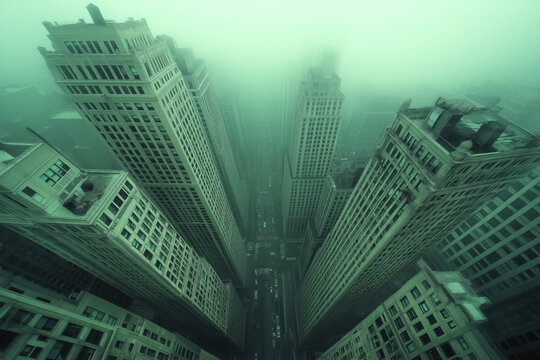cityscape view from the top of tall buildings down at the street level on ground, look down, green tones, misty atmosphere, photorealistic