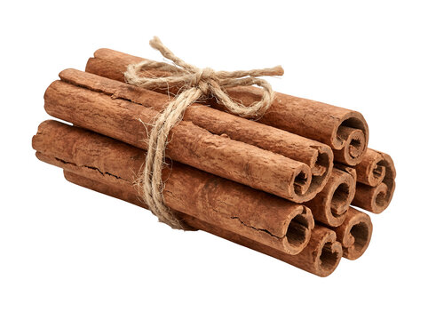 Cinnamon sticks tied with twine, aromatic brown spice bundle, organic culinary seasoning for baking and cooking isolated on Transparent Background