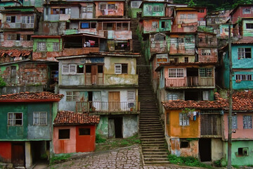 Obraz premium cityscape, favela in brazil, houses stacked on each other, stairs winding up between, different colors, photorealistic