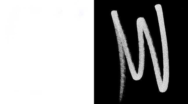 Handwritten letter M in white chalk style, minimalist alphabet character on black background, textured brush stroke typography