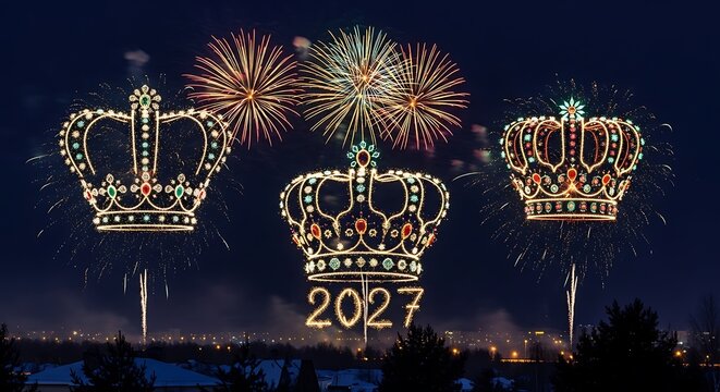 Stunning golden fireworks display forming three royal crowns and the year 2027 against a dark night sky background