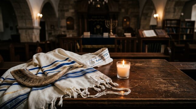 Jewish prayer items on table. Shofar, tallit, and holy book for Yom Kippur or Rosh Hashanah. Spiritual background