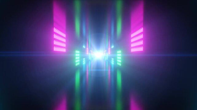 Abstract Glowing Neon Tunnel Corridor And Flashing Star Shaped Lights - 4K Seamless VJ Loop Motion Background Animation