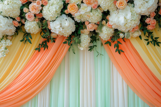 interior of wedding stage backdrop with flowers, mint green and peach curtains, elegant traditional telugu annaprasana, photorealistic