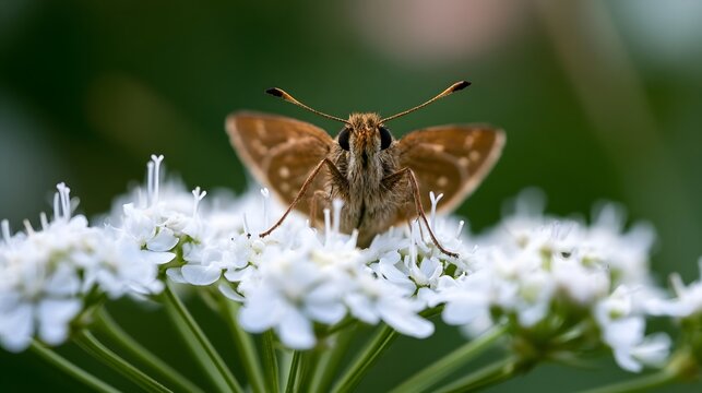 A brown butterfly perches delicately on a cluster of small white flowers against a soft green background