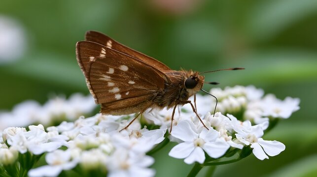 A brown butterfly with white spots rests delicately on a cluster of small white flowers against a soft green background