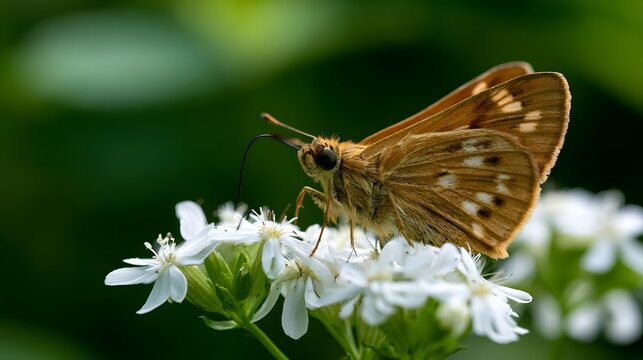 A brown butterfly with white spots perches delicately on a cluster of small white flowers against a soft green background
