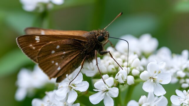 A brown butterfly with white spots perches delicately on a cluster of small white flowers against a soft green background