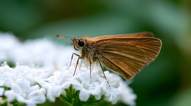 A brown butterfly perched delicately on a cluster of small white flowers against a soft green background