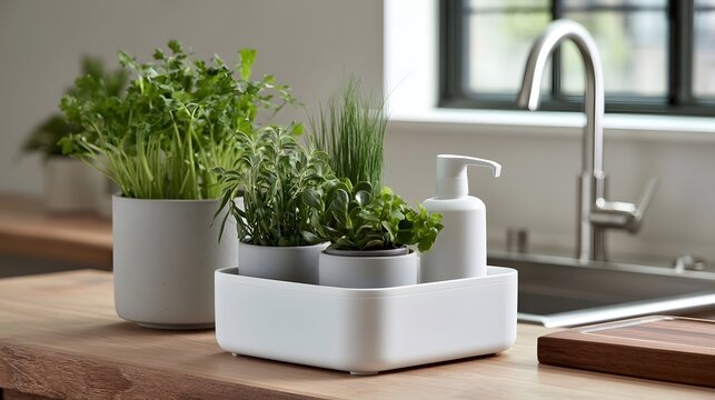 Fresh herbs in gray pots sit on a wooden countertop beside a modern sink and soap dispenser