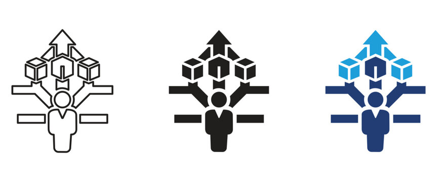 business leadership icon set, multitasking manager vector, data block distribution symbol, career decision branch sign, resource strategy graphic, process element