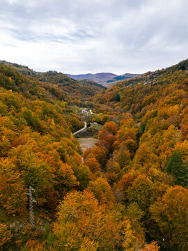 Drone shot of fog rolling over autumn hills and a small rural houses in a mountain valley
