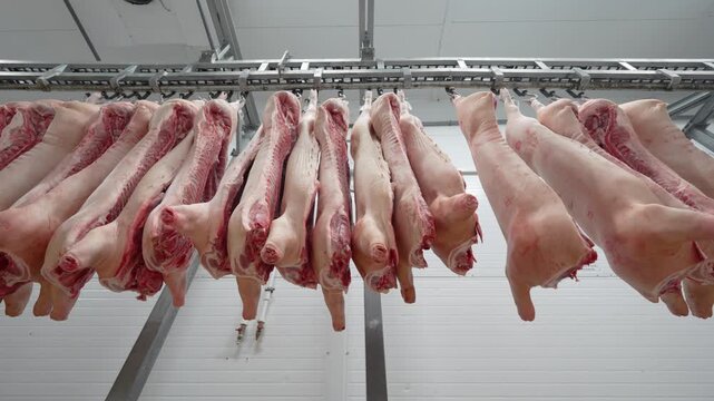 Rows of raw pork half-carcasses hanging on an overhead conveyor