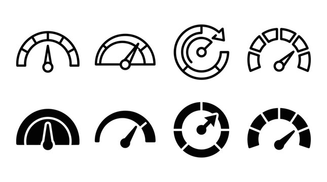 Set of speedometer and tachometer vector icons in outline and solid styles showing measurement with speedometer