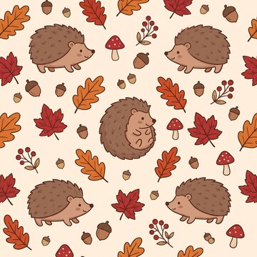 A cute seamless autumn pattern featuring adorable cartoon hedgehogs among colorful oak leaves, maple foliage, acorns, red berries, and mushrooms.